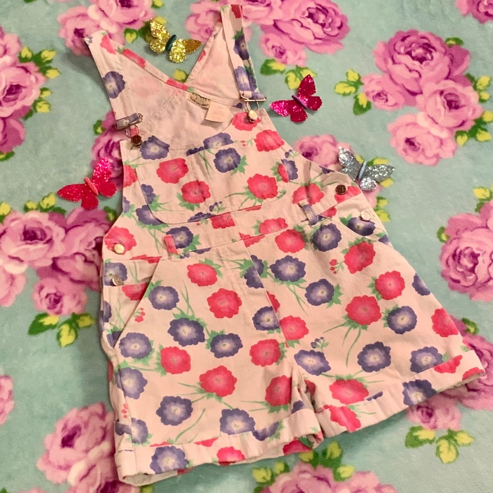 Vtg 90’s White Denim Overalls Pink Purple Flowers - Picture 2 of 9